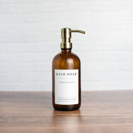 16oz Amber Glass Dish Soap Dispenser: White / Gold