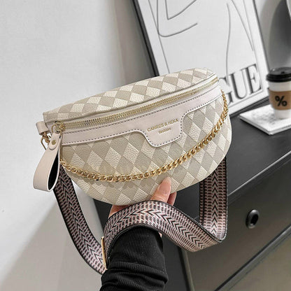 Checkered Chain Strap Crossbody Bag- Beige