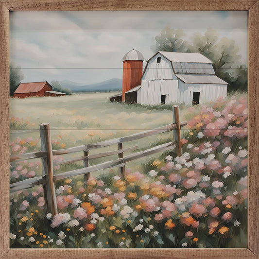 White Barn With Silo In Flower Field: 16x16