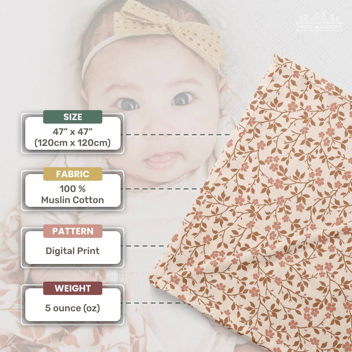 Muslin Swaddle Baby Blanket – Magnolia Tree: Peach