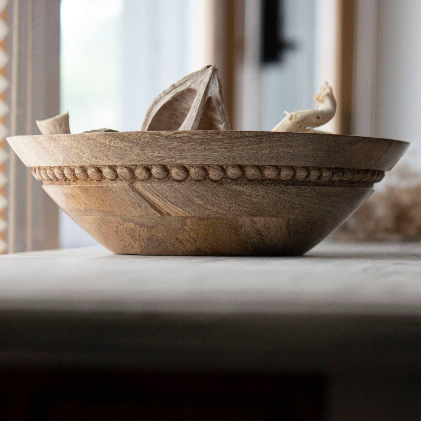 Natural Carved Bead Wood Serving Bowl