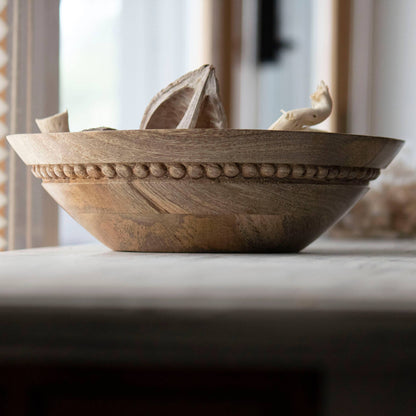 Natural Carved Bead Wood Serving Bowl