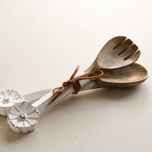 Charlotte Set 2 White Wood Serving Utensils with Flower