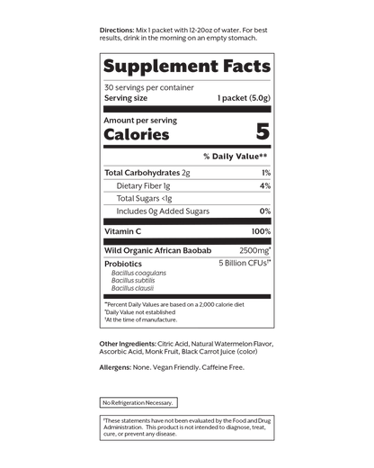 Fresh Watermelon Debloat: Prebiotic + Probiotic: 30 Single Sticks