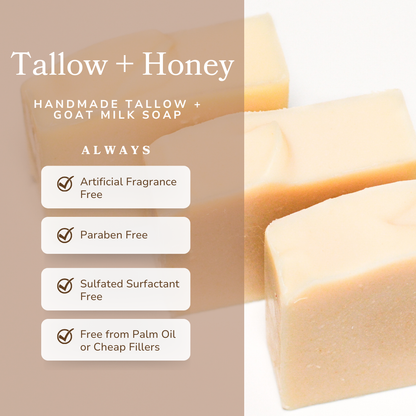 Pure Tallow + Honey Fragrance Free Tallow and Goat Milk Handmade Soap Bar